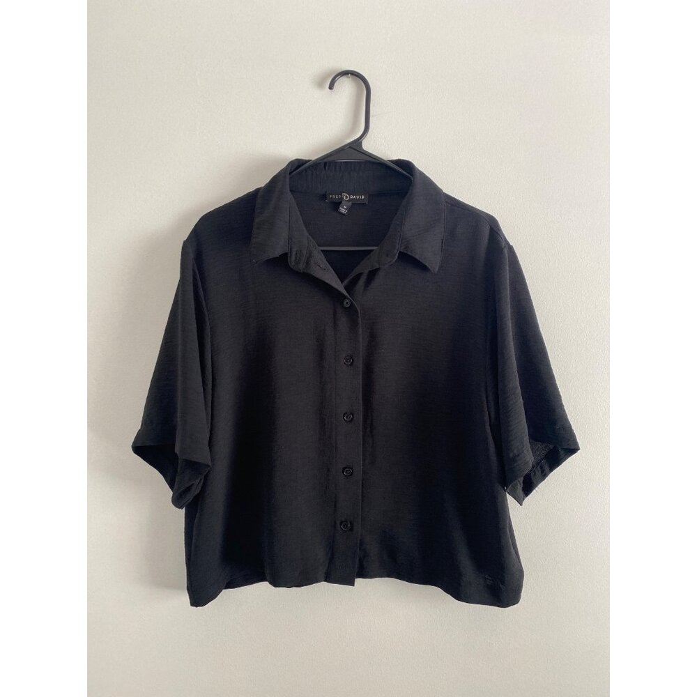 Fred David Boxy Black Button-Up Collared Short Sleeve Blouse Size M